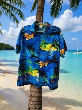 Rima Beachworld Hawaiian Button Down Shirt. Blue. Size: Medium